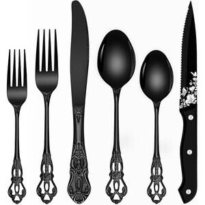 Black Silverware Set, Ollex 24 PCS Silverware Flatware Set for 4